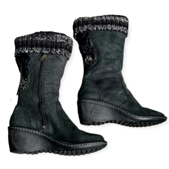 UGG Skylair Black Leather Knit Cuff  back Ties Wedge Heeled Boots Size US 9 - Picture 5 of 16